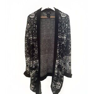 Hot Topic Black White Skull Crossbones Fair Isle Open Cardigan Goth Witchy Lg